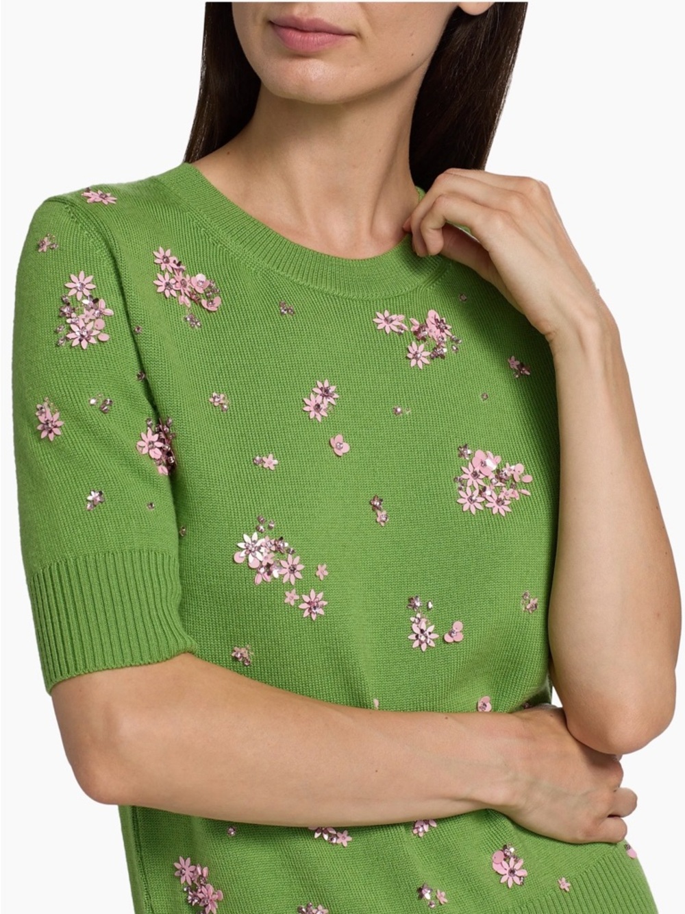 Oscar de la Renta Green Crewneck Sweater with Pink Floral Crystal Embroidery - Picture 6 of 16